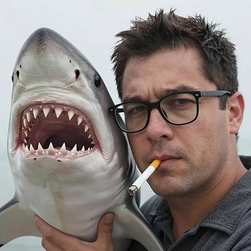 Man Holding Shark with Cigarette