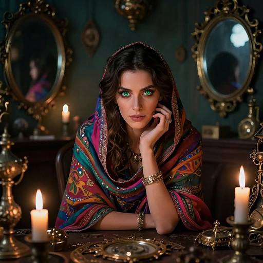 Photograph-style digital artwork of a woman with green eyes, dark wavy hair, and colorful shawl, surrounded by candles and ornate mirrors in