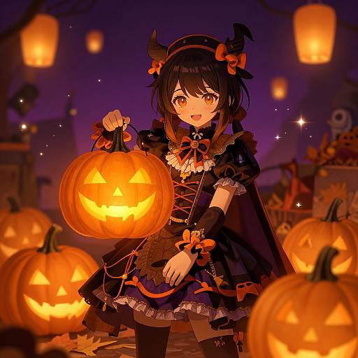 Anime-style digital artwork of a cute girl with black hair, cat ears, and Halloween outfit, holding a glowing jack-o'-lantern. Background: