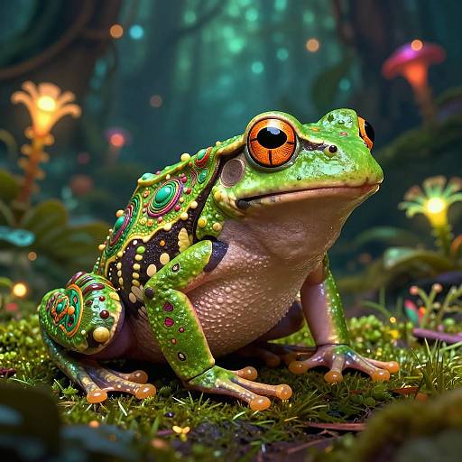 Vibrant, digital CGI of a colorful frog with large orange eyes, green and blue patterned skin, sitting on lush moss in a mystical,