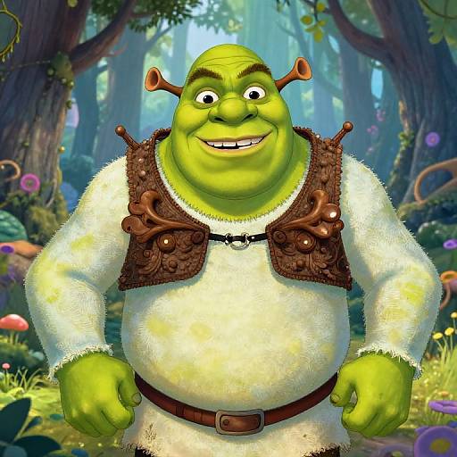 Digital illustration of a green, chubby, smiling ogre with brown horn-like ears, wearing a detailed brown vest over a white tunic, standing in