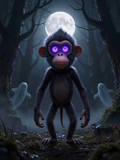 Digital illustration of a glowing-eyed, black-furred monkey standing in a dark, foggy forest with a full moon and ghostly figures.