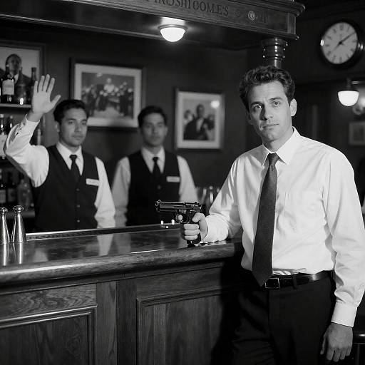 Black and White Bar Scene with Man Holding Gun
