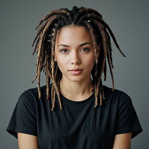 Young Woman with Short Soft Locs in Black T-Shirt
