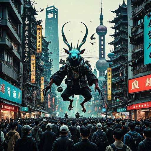 Surreal Cyberpunk Creature in Busy Shanghai Street