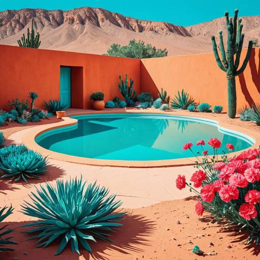 Colorful Desert Oasis with Pool and Cacti