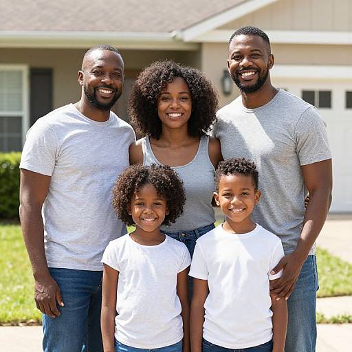 Photograph of a happy Black family: parents with curly hair, two sons in white shirts, standing in front of a suburban house. Bright daylight,