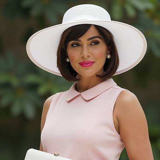 Elegant Woman in White Sunhat and Pink Dress