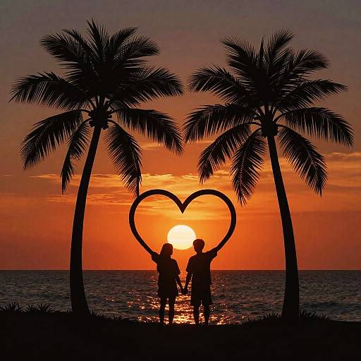 Silhouetted Couple and Heart-Shaped Palm Trees at Sunset