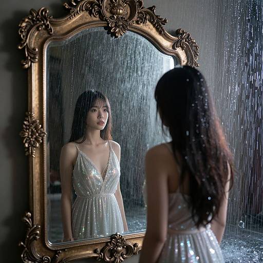Photograph of an Asian woman with long dark hair, wearing a sparkling white dress, standing in front of an ornate gold mirror, reflected in rain