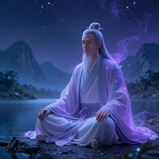 Digital artwork of a serene, white-haired, bearded Asian man in a flowing, ethereal white robe, meditating by a starry lakeside