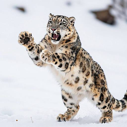Photograph of a fierce snow leopard with dark rosette spots, mid-leap, mouth open, right paw raised, against a snowy white background