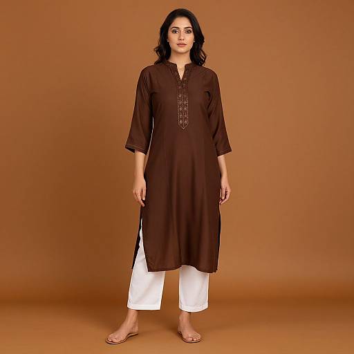 Woman in Brown Tunic and White Pants