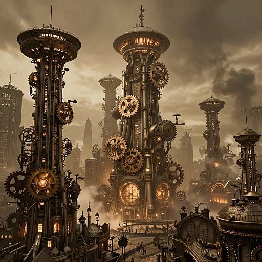 Steampunk cityscape photograph: towering, gear-filled, illuminated structures with circular windows, set against a cloudy, golden-hued sky, surrounded by