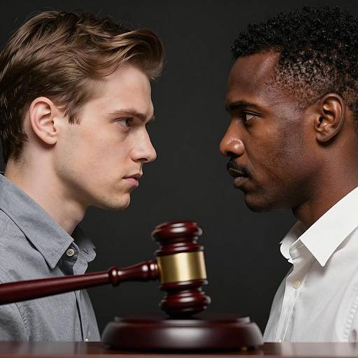 Two Men Facing Off with Gavel Between Them