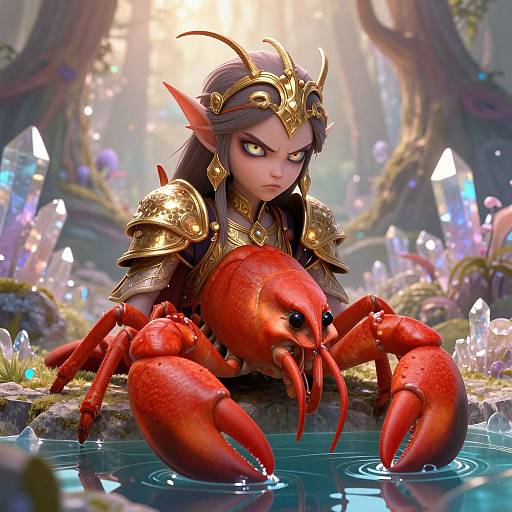 Digital fantasy artwork: fierce elven warrior with golden armor and crown, glaring at a large red crab emerging from a crystal-encrusted pond in