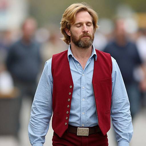 Photograph of a bearded man with wavy blonde hair, wearing a blue checkered shirt and red vest, standing outdoors with a blurred crowd in