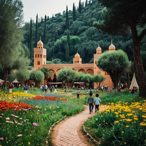 Children Walking Through Colorful Flower Meadow Near Moroccan Medina