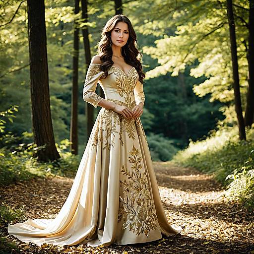 Woman in Gold Embroidered Evening Gown in Forest