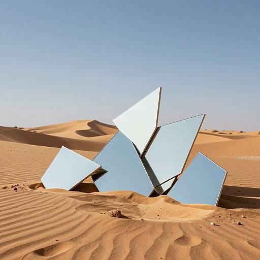 Photograph of five broken, mirror-like silver panels leaning in desert sand dunes under a clear blue sky. Ripples in sand visible.