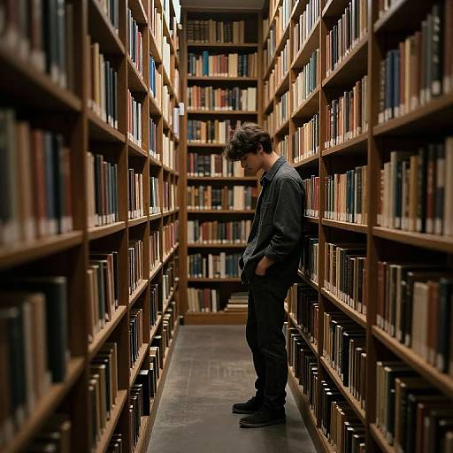 Photograph of a young man with dark hair and glasses, wearing a denim shirt and dark jeans, standing in a narrow library aisle with wooden booksh