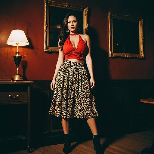 Woman in Red Halter Top and Leopard Print Skirt