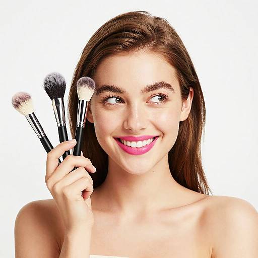 Photograph of a smiling young woman with fair skin, brown hair, and bright pink lipstick, holding three makeup brushes against a white background.