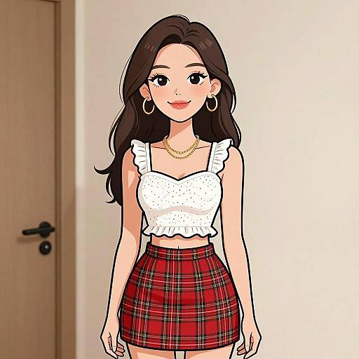 Digital illustration of a young woman with long brown hair, wearing a white ruffled crop top, red plaid skirt, gold necklace, and hoop earrings