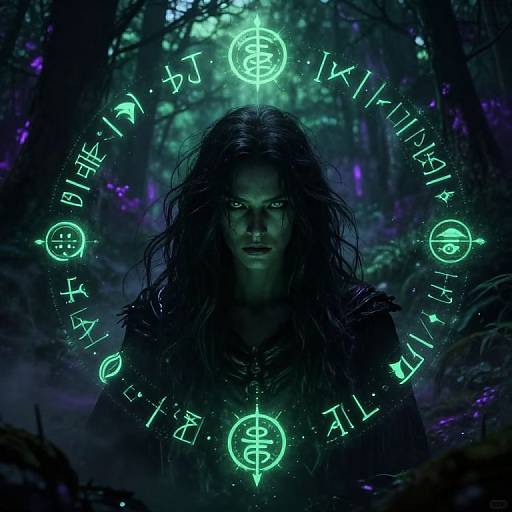 Dark forest photograph with glowing green runes and symbols surrounding a mysterious, intense-eyed woman with long, wild hair. Ethereal, magical atmosphere.