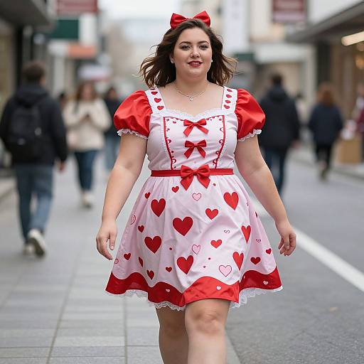 Photograph of a smiling woman with fair skin and dark brown hair, wearing a red and white heart-patterned dress with puffed sleeves, red bow