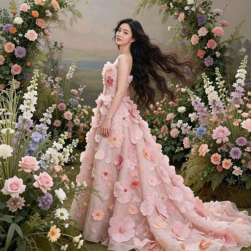 Photograph of a fair-skinned woman with long, wavy black hair wearing a pink floral gown, standing amidst a vibrant garden of colorful flowers.