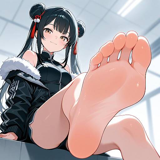 Anime Girl with Bare Foot in Black Jacket
