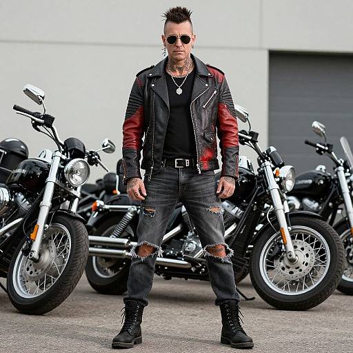 Photograph of a tattooed, spiked-haired man in black leather jacket with red sleeves, sunglasses, ripped jeans, and black boots, standing confidently in