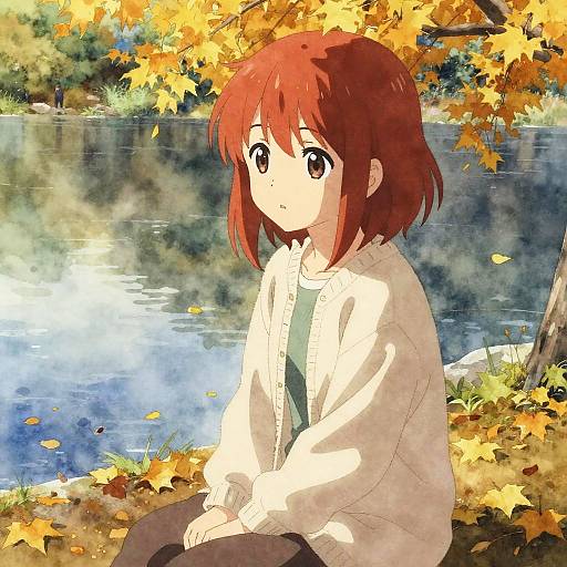 Serene Autumn Anime Girl by Lake