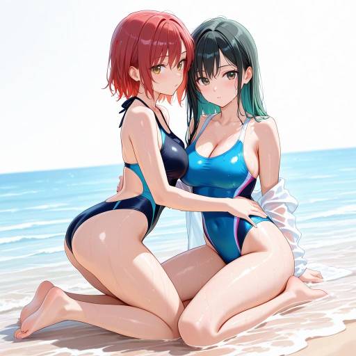 Elegant Beach Embrace with Two Athletic Figures Elegant Beach Embrace with Two Athletic Figures