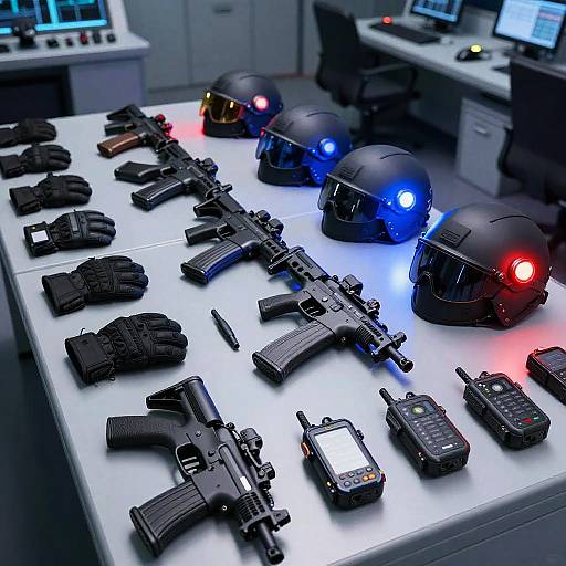 Photograph of a sleek, modern control room table with black tactical gear, firearms, and glowing blue and red helmets arranged in rows.