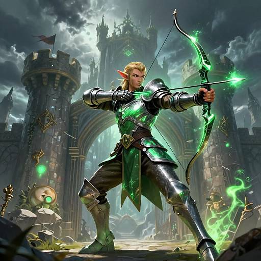 Digital fantasy art: Elf archer with glowing green armor, drawing a magical bow, in front of a stormy, castle-filled backdrop.