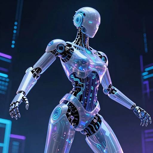 Digital CGI of a futuristic, glowing, translucent humanoid robot with neon blue circuitry and light blue highlights, standing against a dark, neon-lit background