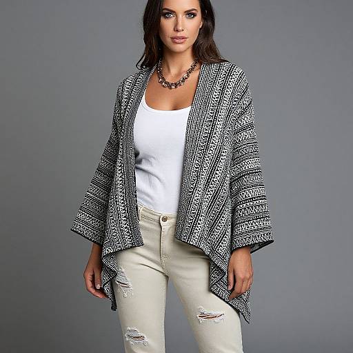 Photograph of a woman with long dark hair, wearing a white tank top, black-and-white houndstooth blazer, and white ripped jeans