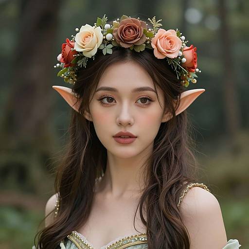 Photorealistic digital portrait of a fair-skinned, elf-like woman with long brown hair, pointed ears, wearing a floral crown, and a green