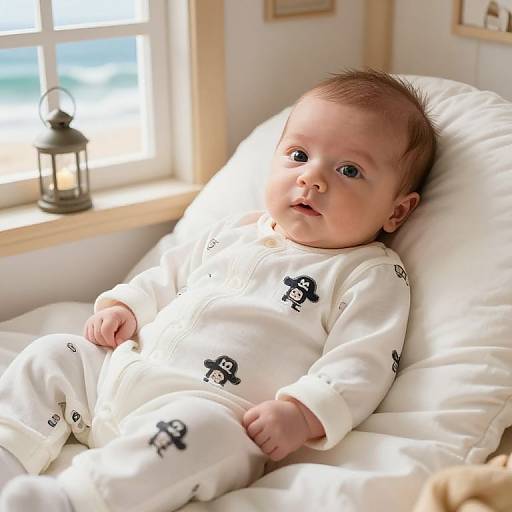 Photograph of a cute baby with light skin and brown hair, wearing a white onesie with black elephant prints, lying in a sunlit window seat