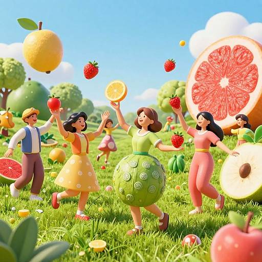 Bright digital artwork of cheerful women in colorful dresses, running joyfully in a vibrant fruit-filled meadow, holding fruit, with oversized citrus slices in the