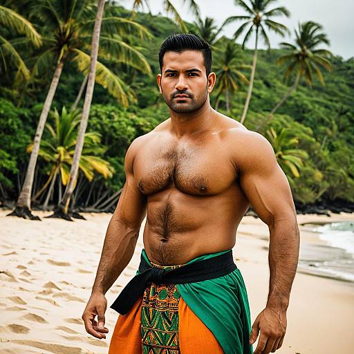 Muscular Man in Traditional Orange and Green Costume on Tropical Beach