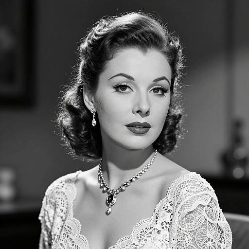 Black-and-white photograph of a 1940s-style woman with short, wavy hair, wearing a lace dress, necklace, and earrings, g