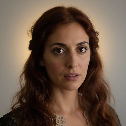 Photograph of a woman with long, wavy brown hair, brown eyes, and light skin, wearing a lace-collared top, softly lit