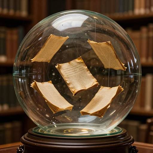 Photograph of a glass globe displaying six yellowed, vintage paper notes inside, displayed on a wooden stand in a dimly lit library.