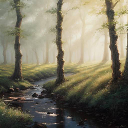 Serene Willow Riverbank in Morning Mist