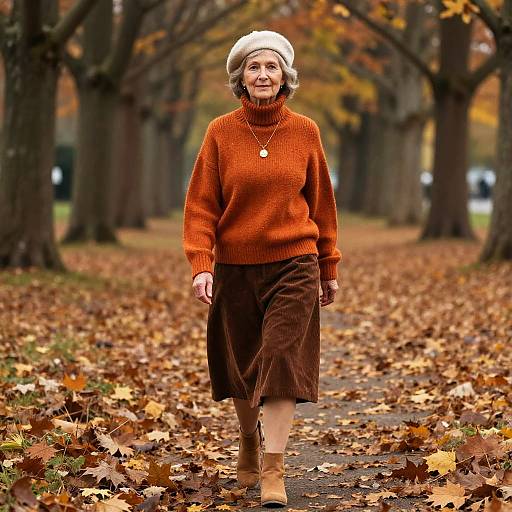 Elderly Woman in Cozy Autumn Park