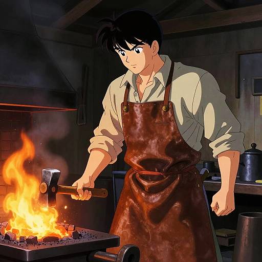 Anime-style digital artwork of a black-haired blacksmith in a brown apron, hammering near a blazing forge in a dimly lit workshop.