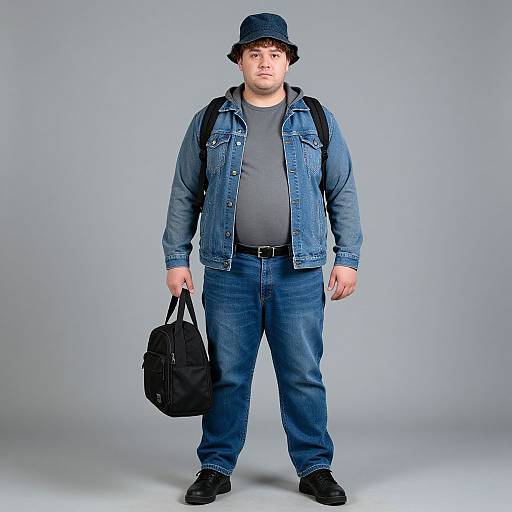 Photograph of a plus-sized Asian man with short black hair, wearing a blue denim jacket, gray shirt, blue jeans, black boots, black bucket